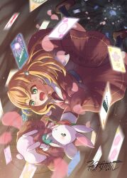  1girl :d alice_in_wonderland animal animalization aqua_neckerchief black_socks brown_dress brown_shoes card cerise_bouquet clothed_animal commentary_request crossed_bangs dress falling flower full_body green_eyes hair_flower hair_ornament hasu_no_sora_school_uniform highres hinoshita_kaho link!_like!_love_live! loafers long_sleeves love_live! medium_dress medium_hair neckerchief open_mouth orange_hair otomune_kozue pleated_dress rabbit rabbit_hair_ornament red_flower red_neckerchief sailor_collar sailor_dress school_uniform shoes signature smile socks solo two_side_up virtual_youtuber watermark white_rabbit_(alice_in_wonderland) white_sailor_collar winter_uniform yozakura_kakeru 
