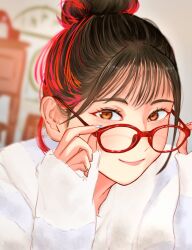  1girl animification black_hair blue_nails blurry blurry_background brown_eyes closed_mouth commentary_request dutch_angle glasses hair_bun long_sleeves looking_at_viewer multicolored_hair pink_nails real_life red-framed_eyewear single_hair_bun sleeves_past_wrists smile solo streaked_hair sweater tengoku_nara voice_actor white_sweater yabushima_akane 