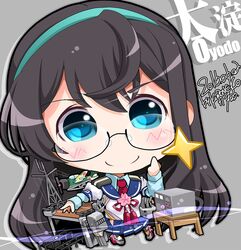  1girl aircraft airplane aqua_hairband black_hair blue_eyes cannon character_name chibi glasses hairband highres kantai_collection kuroneko_(kuroneko_works) long_hair long_sleeves ooyodo_(kancolle) rigging school_uniform semi-rimless_eyewear serafuku smile solo turret under-rim_eyewear 