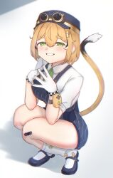  1girl absurdres black_hair blonde_hair blue_hat blue_overalls blush closed_mouth commentary dooby_(vtuber) hat highres indie_virtual_youtuber jahe_png jerboa_tail looking_at_viewer multicolored_hair overalls shirt short_hair smile solo streaked_hair symbol-only_commentary virtual_youtuber white_shirt 