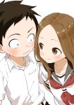  1boy 1girl absurdres black_hair black_sailor_collar blush brown_eyes brown_hair closed_mouth collarbone collared_shirt commentary_request dress_shirt eye_contact forehead highres karakai_jouzu_no_takagi-san long_hair looking_at_another neckerchief nishikata parted_bangs red_neckerchief sailor_collar school_uniform serafuku shirt short_sleeves simple_background smile takagi-san white_background white_shirt yamamoto_souichirou 