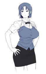  1girl breasts greyscale highres large_breasts looking_to_the_side monochrome onsen_tamago_(hs_egg) pencil_skirt shirafuji_kyouko short_hair skirt wagnaria_uniform white_background working!! 