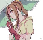  1girl brown_eyes brown_hair digimon gloves holding holding_umbrella long_hair looking_at_viewer natsuki_(aisae) red_gloves simple_background solo tachikawa_mimi umbrella upper_body white_background 