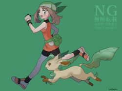  1girl absurdres bandana bike_shorts bike_shorts_under_shorts black_shorts blue_eyes blush breasts brown_hair fanny_pack gloves green_bandana highres leafeon may_(pokemon) open_mouth orange_shirt pokemon pokemon_(creature) pokemon_emerald pokemon_rse sandora_(karugamo_no_e) shirt short_hair shorts sleeveless smile white_gloves 