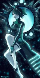  1girl black_hair bodysuit crossed_legs demon_(megami_tensei) floating green_bodysuit highres hiromine_yoko long_sleeves onagi_ruka parted_lips shin_megami_tensei shin_megami_tensei_v shin_megami_tensei_v:_vengeance short_hair smile solo tiara 