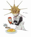  1girl absurdres alternate_costume animal apron black_choker black_dress blush bottle choker chosen_undead dark_souls_(series) dark_souls_i dark_sun_gwyndolin dress enmaided food fork gold_headwear grey_apron heart helm helmet highres holding holding_bottle holding_fork holding_spoon ketchup_bottle long_sleeves maid maid_headdress neck_ribbon omelet omurice ribbon simple_background snake solo_focus spoon sweat translation_request waist_apron wavy_mouth white_background white_ribbon zunkome 