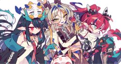  1girl 2boys animal arknights black_hair black_jacket blonde_hair blue_eyes blue_tongue blush brother_and_sister brown_coat coat colored_extremities colored_skin colored_tongue commentary_request dragon_boy dragon_bubble_(arknights) dragon_girl dragon_horns dragon_tail dusk_(arknights) green_eyes green_hair highres holding holding_animal horns jacket ji_(arknights) multicolored_hair multiple_boys necktie nian_(arknights) pointy_ears red_eyes red_hair red_necktie red_skin shirt shu_(arknights) siblings simple_background streaked_hair tail upper_body white_background white_shirt yellow_skin ym_dpl yu_(arknights) 