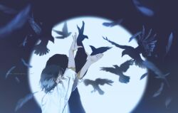  1boy arms_up bird bird_shadow_puppet black_hair blurry blurry_foreground commentary_request crow feathers from_side highres male_focus original rido_(ridograph) shadow shadow_puppet shirt short_hair silhouette solo spotlight white_shirt 