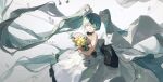  1girl aqua_hair black_choker bouquet choker closed_eyes dated dress flower guguzi hatsune_miku holding holding_bouquet long_hair orange_flower red_flower sleeveless sleeveless_dress smile solo twintails very_long_hair vocaloid white_dress yellow_flower 