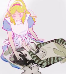  2girls alice:_madness_returns alice_(alice_in_wonderland) alice_in_wonderland alice_liddell_(american_mcgee's_alice) american_mcgee's_alice apron black_hair blonde_hair closed_eyes crying dress green_eyes hair_ribbon highres long_hair multiple_girls pankepen ribbon simple_background smile streaming_tears tears white_apron 