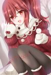  1girl anna_(fire_emblem) blush boots fire_emblem fire_emblem_engage highres kirishima_riona long_hair looking_at_viewer mittens official_alternate_costume open_mouth pantyhose ponytail red_eyes red_sweater redhead smile solo sweater 