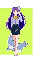  1girl adapted_costume adjusting_eyewear asakura_rikako bare_legs barefoot black_skirt border bow bowtie breasts business_casual buttons commentary curtained_hair glasses grey_shirt hair_bow hand_on_eyewear hand_up holding holding_stuffed_toy long_hair long_sleeves outside_border pencil_skirt polka_dot polka_dot_background purple_hair shirt shirt_tucked_in shizuku_hky side_slit sidelocks skirt solo standing stuffed_toy stuffed_whale touhou touhou_(pc-98) very_long_hair violet_eyes white_border white_bow yellow_bow yellow_bowtie 