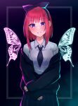  1girl :d alternate_costume black_background black_bow black_necktie black_skirt black_sweater blue_eyes blunt_bangs blush bow butterfly_wings cardigan casual commentary dress_shirt eyelashes glowing glowing_wings go-toubun_no_hanayome grin hair_bow highres kakato_0 looking_at_viewer medium_hair miniskirt nakano_nino necktie neon_lights open_cardigan open_clothes pleated_skirt redhead shirt short_necktie sidelighting sidelocks skirt sleeves_past_wrists smile solo straight-on straight_hair sweater tsurime white_shirt wings 