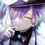  1boy artist_name blue_hair closed_mouth collared_shirt commentary_request eyeshadow gloves hair_over_one_eye hand_up kamishiro_rui kono_matsuri_ni_yuuyami_iro_mo_(project_sekai) looking_at_viewer makeup male_focus multicolored_hair nozu63 official_alternate_color official_alternate_costume official_alternate_hairstyle one_eye_covered portrait project_sekai purple_hair red_eyeshadow shirt shoes simple_background solo split_mouth streaked_hair two-tone_hair white_background white_gloves yellow_eyes 
