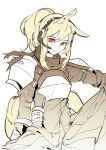  1girl animal_ear_fluff animal_ears arknights armor blonde_hair breastplate feet_out_of_frame gloves headphones highres horse_ears hu_tu long_hair long_sleeves looking_at_viewer microphone nearl_(arknights) open_mouth orange_hair pale_color ponytail shirt short_hair shoulder_armor sitting solo 