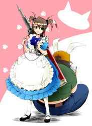  1girl alice_(alice_in_wonderland) alice_(alice_in_wonderland)_(cosplay) alice_in_wonderland animal_ears apron apron_pocket belt belt_around_waist belt_buckle blue_dress blue_pants bow buckle cosplay denim dress eibon fat fat_man fingernails frilled_apron frilled_dress frilled_sleeves frills green_eyes green_shirt hashida_itaru hat holding holding_phone huge_weapon jeans looking_back mary_janes orange_hat pants paw_print paw_print_background phone puffy_sleeves rabbit_ears ribbon shirt shoes short_sleeves smile steins;gate tennouji_nae thigh-highs weapon white_belt white_thighhighs 