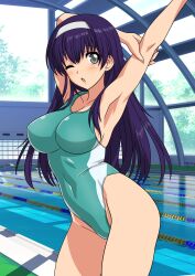  1girl absurdres arm_up blush breasts commission commissioner_upload competition_swimsuit cropped_legs fluora_(carlos1976) grey_eyes hairband highres indoors large_breasts long_hair one-piece_swimsuit one_eye_closed open_mouth original pool purple_hair skeb_commission solo stretching swimsuit thighs tree white_hairband window yuuyuu_(3jjbn) 