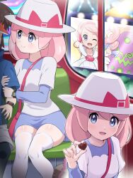  1boy 1girl absurdres bag blue_eyes blue_jacket blue_skirt blush bodysuit bodysuit_under_clothes bow breasts brown_hair candy chocolate closed_mouth ferris_wheel food hairband hat headset heart heart-shaped_chocolate heart-shaped_food highres holding holding_chocolate holding_food idol jacket long_hair looking_at_viewer mole mole_under_eye nate_(pokemon) one_eye_closed open_mouth pink_bag pink_hair pink_hairband pokemoa pokemon pokemon_(creature) pokemon_bw2 pokestar_studios shirt short_hair shorts shoulder_bag sitting skirt smile spiritomb thigh-highs visor_cap white_hat white_shirt white_thighhighs xtransceiver yancy_(pokemon) 