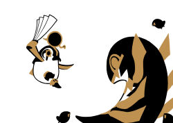  2boys 3others ancient_egyptian animal animal_focus apep_(toutotsu_ni_egypt-shin) arm_up beak bird chick fang fighting hand_fan harisen highres holding holding_fan jumping limited_palette manari_(artist) multiple_boys multiple_others no_humans ra_(toutotsu_ni_egypt-shin) simple_background snake solid_circle_eyes toutotsu_ni_egypt-shin uraeus white_background 