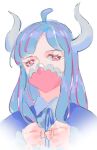  1girl ahoge blue_cape blue_hair cape collared_shirt covered_mouth curled_horns dinosaur_girl horns jewelry long_hair mask mouth_mask multicolored_hair necklace one_piece pink_eyes pink_hair pink_mask raine_(acke2445) shirt simple_background solo streaked_hair ulti_(one_piece) white_background white_shirt 