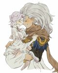  1boy 1girl absurdres aged_down blush brother_and_sister brown_scarf carrying carrying_person child cropped_torso dark_souls_(series) dark_souls_i dark_souls_iii dark_sun_gwyndolin facing_another from_side grey_hair grin highres long_hair long_sleeves nameless_king scarf short_sleeves siblings simple_background smile teeth upper_body white_background zunkome 