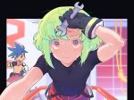  2boys alternate_costume belt black_belt black_gloves black_shirt blue_hair blush drinking galo_thymos gloves green_hair highres holding holding_wrench hot kome_1022 lio_fotia looking_at_viewer male_focus multiple_boys otoko_no_ko pants promare red_pants shirt short_hair solo_focus strawberry_milk sweat tight_clothes tight_shirt topless_male violet_eyes wrench 