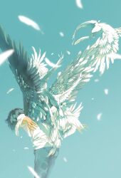  1boy bird black_hair blue_background blue_pants commentary_request cowboy_shot facing_away feathered_wings feathers from_behind highres leaning_forward male_focus multiple_wings original pants rido_(ridograph) shirt short_hair short_sleeves solo standing t-shirt white_shirt white_wings wings 