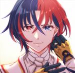  1boy alear_(fire_emblem) alear_(male)_(fire_emblem) blue_eyes blue_hair commentary fire_emblem fire_emblem_engage gauntlets gloves hair_between_eyes heterochromia jewelry kszm_fe looking_at_viewer multicolored_hair red_eyes redhead ring short_hair smile solo split-color_hair symbol-only_commentary two-tone_hair white_background 