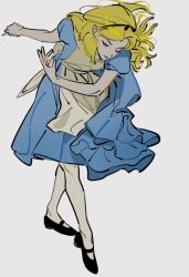  1girl alice_(alice_in_wonderland) alice_in_wonderland apron black_ribbon black_shoes blonde_hair blue_dress closed_eyes closed_mouth dress full_body mary_janes pankepen ribbon shoes simple_background standing white_apron 
