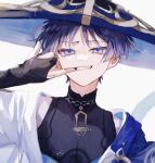  1boy al_cr91 bishounen black_bodysuit bodysuit gauntlets genshin_impact hat male_focus mouth_pull purple_hair scaramouche_(genshin_impact) short_hair simple_background solo upper_body violet_eyes wanderer_(genshin_impact) white_background 