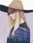  blonde_hair blue_eyes brown_headwear commentary_request cowboy_hat fate/grand_order fate_(series) hat highres lv1na_ura male_focus poncho print_poncho shaded_face sidelocks sunglasses tezcatlipoca_(fate) two-tone_background 