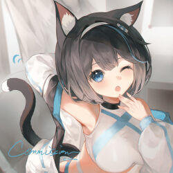  1girl animal_ear_fluff animal_ears arm_up artist_name black_hair blue_eyes bob_cut cat_ears cat_girl cat_tail headband highres ichita_(yixisama-shihaohaizhi) jacket one_eye_closed open_mouth original signature solo sports_bra tail upper_body white_headband white_jacket white_sports_bra 