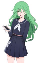  1girl :o absurdres blue_sailor_collar blue_serafuku blue_shirt blue_skirt cellphone cellphone_charm charm_(object) commentary cowboy_shot edmonmondo english_commentary green_eyes green_hair hair_between_eyes highres holding holding_phone jouin_high_school_uniform long_hair looking_at_viewer mermaid_(megami_tensei) midriff_peek neckerchief phone pleated_skirt sailor_collar school_uniform serafuku shin_megami_tensei shin_megami_tensei_v shirt simple_background skirt smartphone solo white_background white_neckerchief 