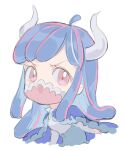  1girl ahoge blue_cape blue_hair blue_skirt cape chibi covered_mouth curled_horns dinosaur_girl horns long_hair lowres mask mouth_mask multicolored_hair one_piece pink_eyes pink_hair pink_mask raine_(acke2445) simple_background skirt solo streaked_hair ulti_(one_piece) white_background 