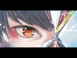 2boys armor black_border black_hair border broken_helmet bruise commentary_request eye_focus eye_reflection highres injury kamen_rider kamen_rider_bake kamen_rider_gavv_(series) kamen_rider_valen kamen_rider_valen_frappe_custom karakida_hanto male_focus multiple_boys one_eye_covered pa-jelymr----n0w1 reaching reaching_towards_another red_eyes reflection tokusatsu