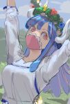  1girl ahoge arms_up blue_hair clouds covered_mouth curled_horns day dinosaur_girl dress flower_wreath horns long_hair mask mouth_mask multicolored_hair one_piece outdoors pink_eyes pink_hair pink_mask raine_(acke2445) sky solo streaked_hair ulti_(one_piece) white_dress 