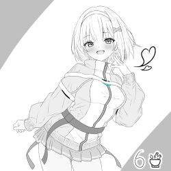  1girl breasts hair_ornament hairband heaven_burns_red highres long_sleeves looking_at_viewer monochrome ooshima_muua oyakodon451 partially_colored short_hair skirt solo sportswear 