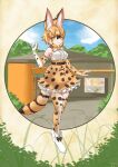  1girl animal_ears blonde_hair bow bowtie cat_ears cat_girl cat_tail elbow_gloves extra_ears full_body gloves highres kawanami_eito kemono_friends kneehighs looking_at_viewer nature outdoors serval_(ex4)_(kemono_friends) serval_print shirt shoes short_hair skirt sleeveless sleeveless_shirt socks solo tail yellow_eyes 