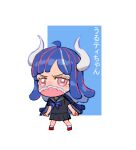  1girl ahoge alternate_costume black_skirt blue_bow blue_cardigan blue_hair bow cardigan chibi covered_mouth curled_horns dinosaur_girl horns long_hair looking_at_viewer lowres mask mouth_mask multicolored_hair one_piece pink_eyes pink_hair pink_mask raine_(acke2445) school_uniform serafuku skirt solo streaked_hair ulti_(one_piece) 