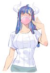  1girl ahoge blue_hair blush covered_mouth curled_horns dinosaur_girl fanning_self horns long_hair mask mouth_mask multicolored_hair one_piece pink_eyes pink_hair pink_mask raine_(acke2445) shirt solo streaked_hair sweat ulti_(one_piece) white_background white_shirt 