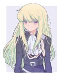  1boy alternate_hair_length alternate_hairstyle ascot belt black_belt black_jacket blonde_hair border colored_eyelashes grey_background highres jacket kome_1022 lio_fotia long_hair male_focus multiple_belts otoko_no_ko promare sidelocks solo standing violet_eyes white_ascot white_belt white_border 