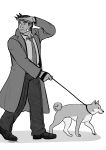  1boy absurdres ace_attorney animal bandage_on_face bandages bright_pupils closed_mouth coat collared_shirt dick_gumshoe dog english_commentary facial_hair from_side frown full_body goatee_stubble highres looking_afar male_focus mature_male missile_(ace_attorney) monochrome necktie pants pet_walking ralworm shiba_inu shirt shoes short_hair sideburns_stubble signature simple_background solo stubble trench_coat white_pupils 