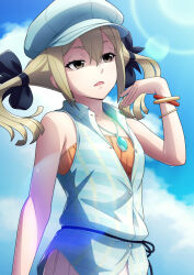  1girl bare_shoulders black_bow black_ribbon blonde_hair blue_jacket blue_sky blue_vest blurry bokeh bow breasts buttons casual checkered_clothes checkered_jacket clouds cloudy_sky collarbone depth_of_field dress fanning_face fanning_self from_below from_side hair_bow hair_ribbon jacket jewelry koujiro_frau looking_up multiple_hair_bows necklace open_collar open_mouth orange_dress partially_unbuttoned pleated_dress ribbon robotics;notes sidelocks sky sleeveless sleeveless_jacket small_breasts standing summer sunlight sweat taba_neruko tongue twintails vest yellow_eyes 