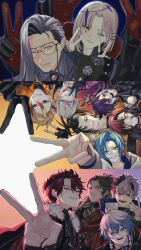  6+boys axel_syrios_(1st_costume) banzoin_hakka banzoin_hakka_(1st_costume) black_gloves black_jacket blonde_hair blue_eyes blue_hair blush brown_hair cape closed_eyes crimzon_ruze ear_piercing eyewear_strap fingerless_gloves fur-trimmed_cape fur_trim gavis_bettel gavis_bettel_(1st_costume) glasses gloves goldbullet green_eyes grey_hair grin hair_ornament hairclip heterochromia highres holostars holostars_english jacket josuiji_shinri jurard_t_rexford long_hair machina_x_flayon machina_x_flayon_(1st_costume) magni_dezmond male_focus mole mole_under_mouth momiage_40 multicolored_hair multiple_boys noir_vesper noir_vesper_(1st_costume) octavio piercing pink_eyes purple_hair red_hair regis_altare smile streaked_hair teeth v violet_eyes virtual_youtuber yellow_eyes 