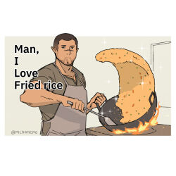  1boy apron brown_hair brown_shoes buzz_cut closed_mouth cooking english_text fire food fried_rice fried_rice_prank_(meme) grey_apron holding indoors looking_at_viewer male_focus man_i_love_fishing_(meme) meme milramemo original pointy_ears scar scar_on_face scar_on_nose shoes short_hair short_sleeves solo sparkle twitter_username very_short_hair 