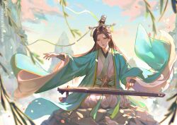  1boy androgynous aubergrin bindi black_hair blue_sky chinese_clothes closed_mouth clouds commission falling_petals floating_hair full_body gradient_sky green_eyes green_hanfu guqin hair_bun hanfu highres instrument karst kneeling long_hair long_sleeves looking_down male_focus mountain music outstretched_arm petals playing_instrument renzha_fanpai_zijiu_xitong ribbon ribboned_xiao_guan shen_jiu_(renzha_fanpai_zijiu_xitong) single_hair_bun sitting sky solo twitter_username vambraces white_hanfu wide_sleeves wind xiao_guan_(headdress) yellow_ribbon yellow_sky 