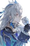  1boy ascot black_gloves blue_hair chalice coat cup genshin_impact gloves grey_hair hair_between_eyes highres holding holding_cup long_hair long_sleeves male_focus neuvillette_(genshin_impact) pointy_ears simple_background solo upper_body violet_eyes white_ascot white_background zaso 