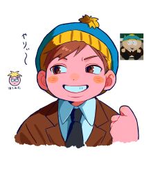  1boy absurdres beanie black_necktie brown_eyes brown_hair brown_jacket butters_stotch collared_shirt eric_cartman grin hat highres jacket male_focus necktie neko_manma pom_pom_(clothes) pom_pom_beanie screenshot_inset shirt simple_background smile solo south_park suit_jacket teeth white_background white_shirt 