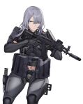  1girl ak-15 ak-15_(girls&#039;_frontline) ak-15_(mod3)_(girls&#039;_frontline) ammunition_pouch assault_rifle belt_pouch body_armor girls_frontline grey_hair gun hair_over_one_eye handgun highres holding holding_gun holding_weapon holstered kalashnikov_rifle knife_sheath la13 pouch rifle sheath tactical_clothes weapon white_background 