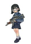  1girl absurdres bandaid bandaid_on_face black_footwear black_hair brown_eyes eyewear_on_head full_body gun highres holding holding_gun holding_weapon military opossumachine original pleated_skirt short_hair simple_background skirt socks weapon white_background white_socks 